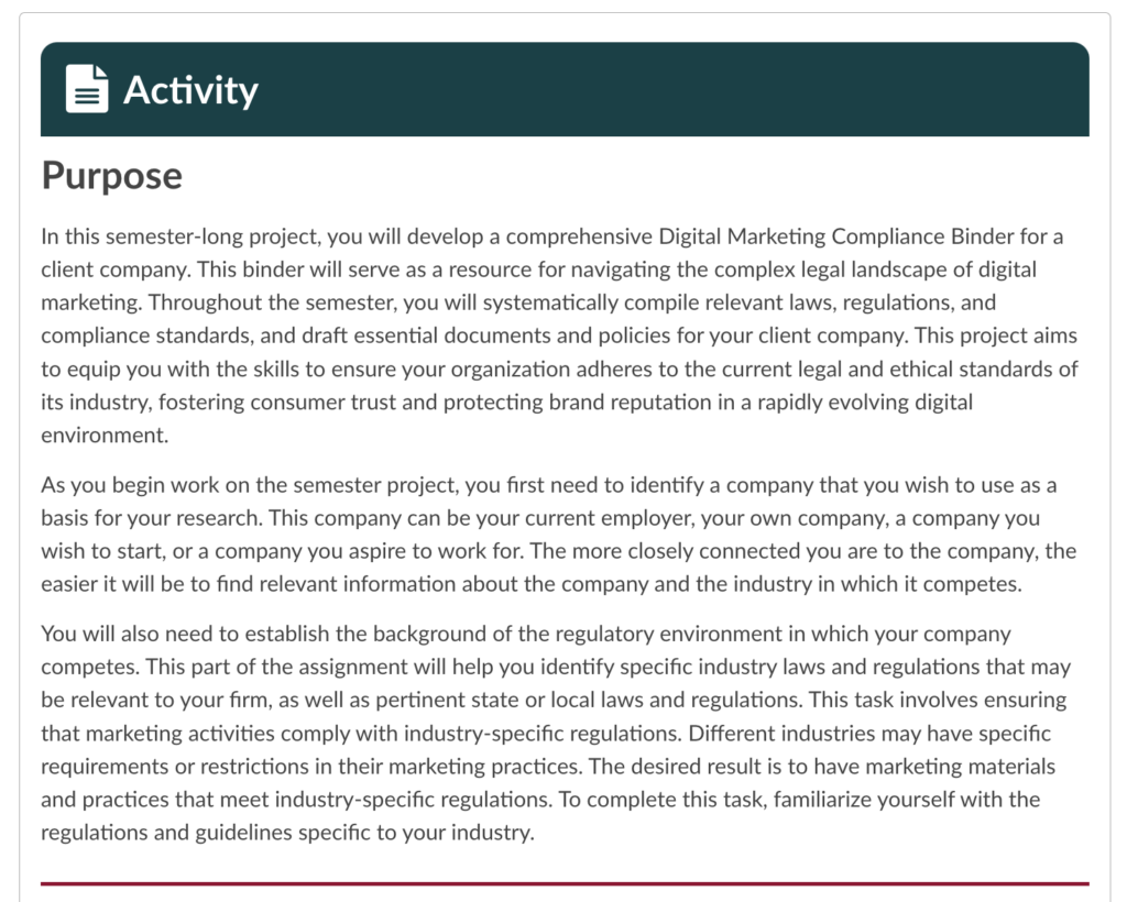 Activity card describing the purpose of a semester project on creating a Digital Marketing Compliance Binder for a client.